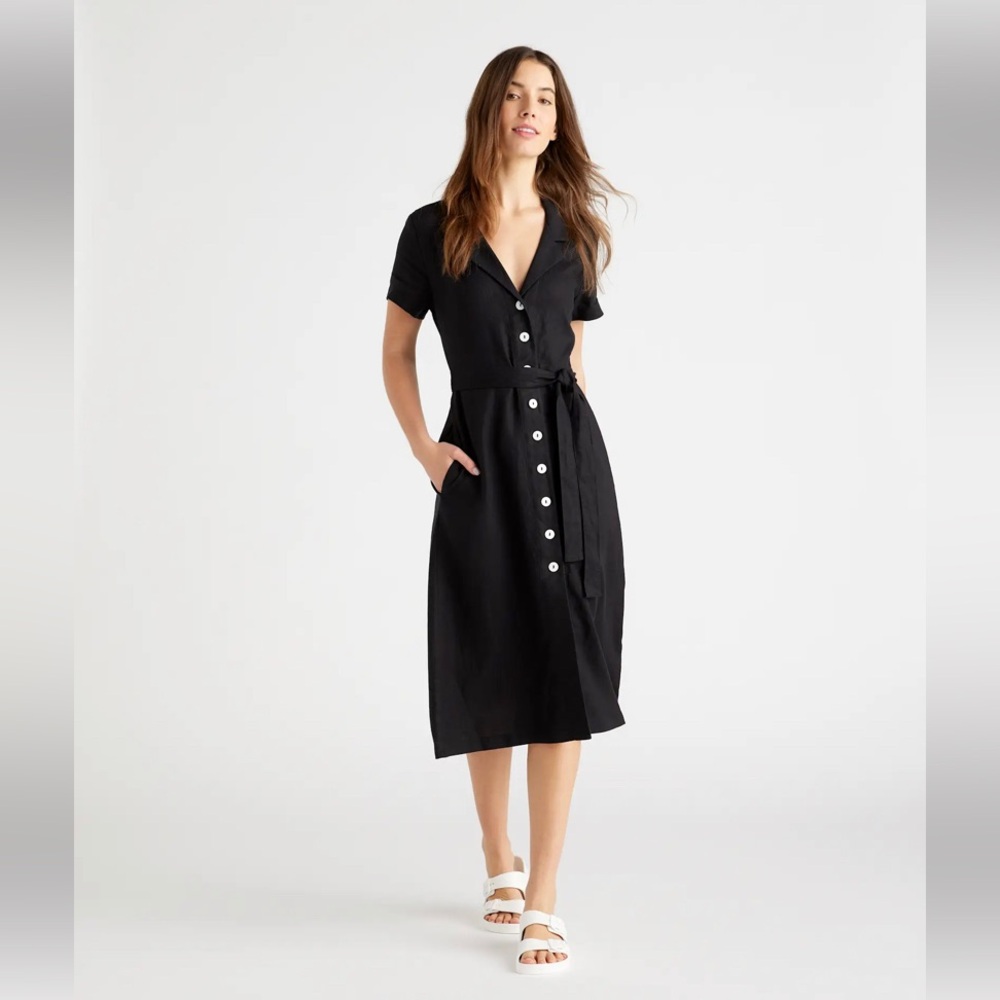 Quince Linen Black Button-Front Midi Shirt Dress with belt Medium